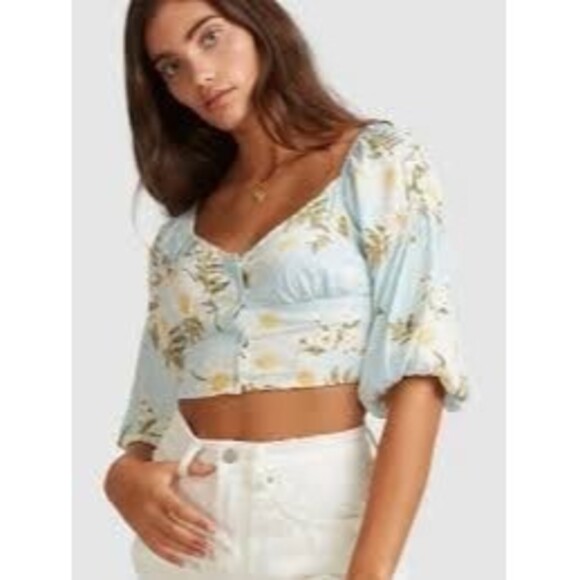 Billabong Summer Field Floral Smocked Shirred Back Balloon Sleeves Crop Top M - Picture 1 of 7